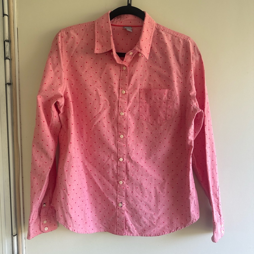 JCP Pink Button-Up Shirt with Tiny Heart Print size L